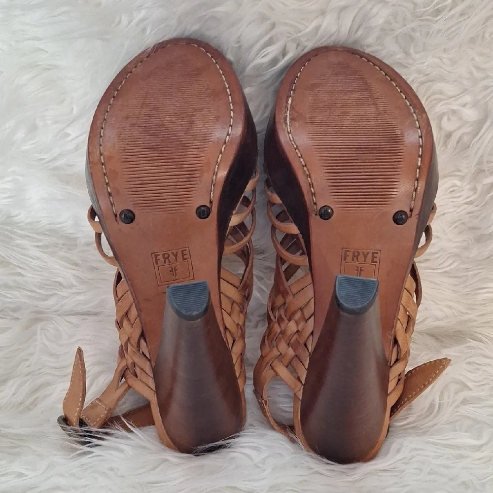 Frye's Joy Haurache Tan Heels with Woven Design and Ankle Strap - Picture 6 of 9